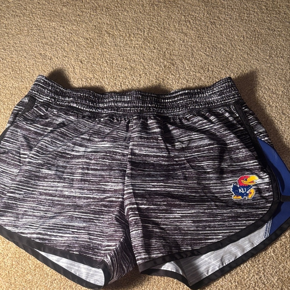 KU Women's Black and Blue Athletic Shorts. Kansas Jayhawks.